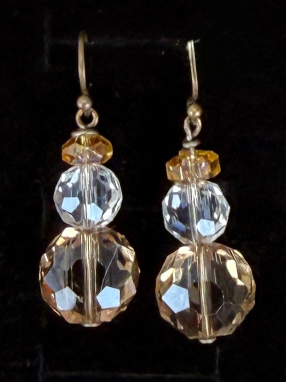 Pretty brass tone, clear smoky costume reflective beaded pierced earrings